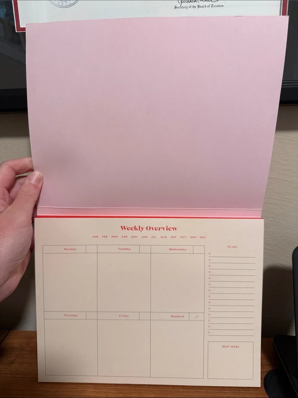 NWT Papier Pink Weekly Planner with Red Text